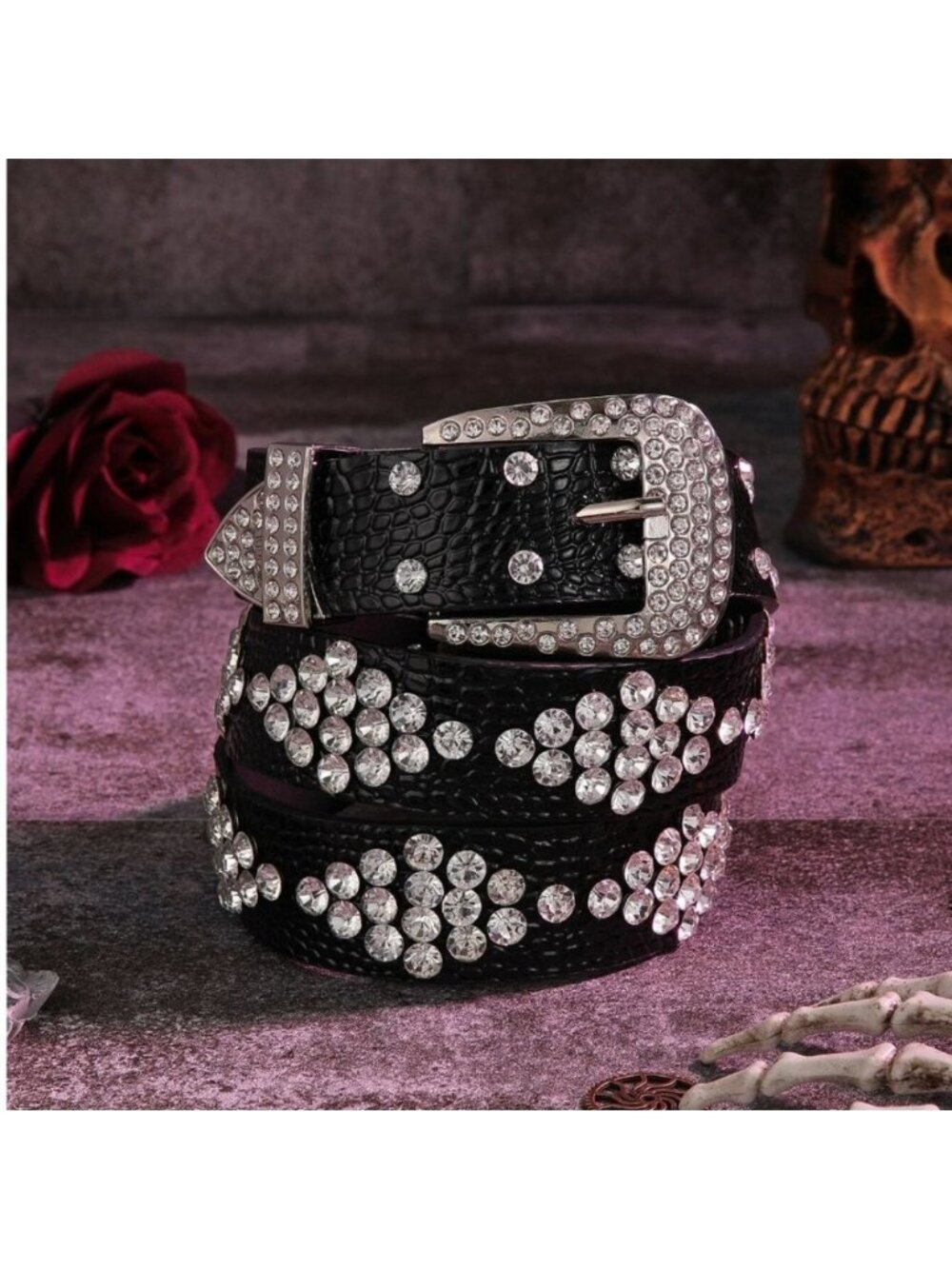 Vegan Black Crocodile Embossed Rhinestone Belt
